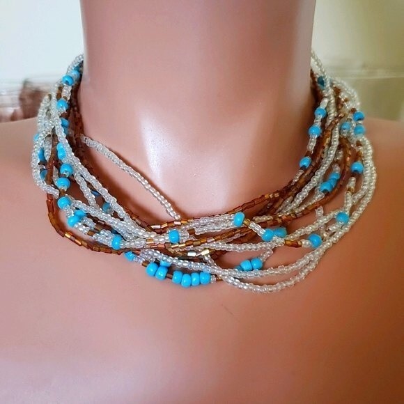 Y2K 2000s Multicolored Festival Blue Brown Bead Multi Strand Choker Necklace - Picture 1 of 2